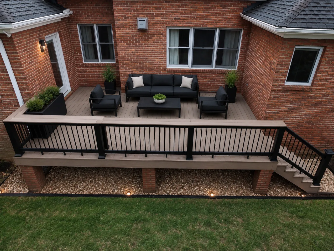 Custom composite deck with black railing built by Open Air Construction in Charlotte, NC